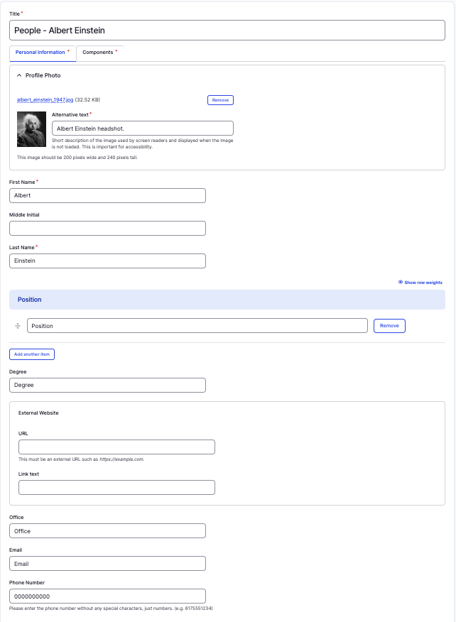 Personal information tab back-end screen.